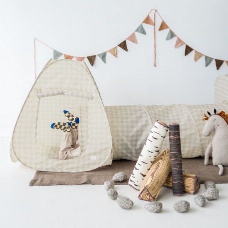 Ensemble de tente en tunnel 3-en-1 en tissu recycylé - Vichy Beige | 3 Sprouts