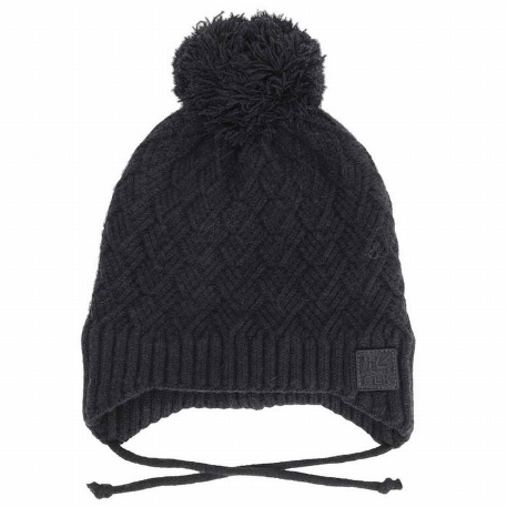 Chapeau tricot pompon avec cordons - Noir | Calikids