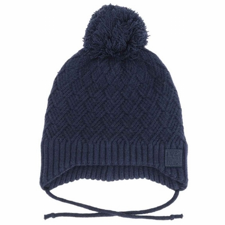 Chapeau tricot pompon avec cordons - Marine | Calikids